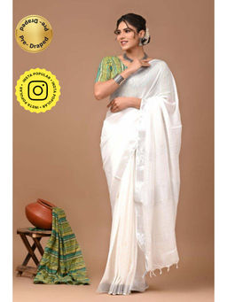 Isadora Life - Womens Solid Tassels White Pre-Draped Saree with Unstitched Blouse