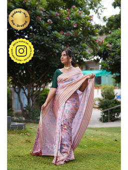Isadora Life - Womens Floral Zari Pink Pre-Draped Saree with Unstitched Blouse
