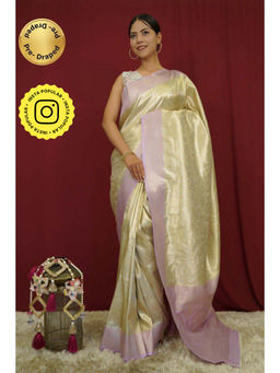 Isadora Life - Womens Woven Zari Cream Pre-Draped Saree with Unstitched Blouse