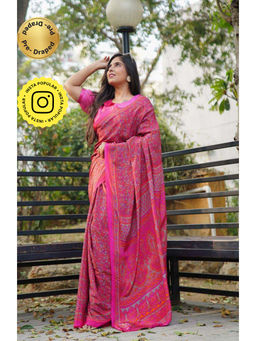 Isadora Life - Womens Paisley Printed Pink Pre-Draped Saree with Unstitched Blouse
