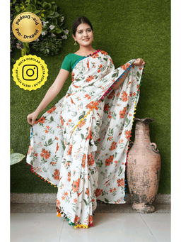 Isadora Life - Womens Floral Printed White Pre-Draped Saree with Unstitched Blouse