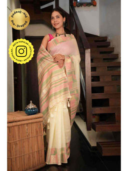 Isadora Life - Womens Woven Tassels Cream Pre-Draped Saree with Unstitched Blouse