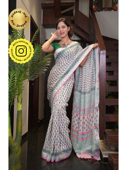Isadora Life - Womens Block Print Off White Pre-Draped Saree with Unstitched Blouse