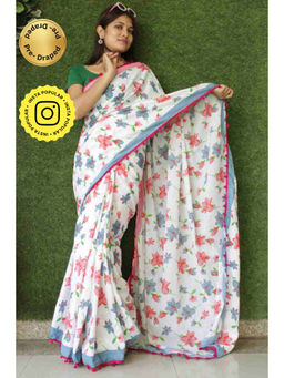 Isadora Life - Womens Floral Printed White Pre-Draped Saree with Unstitched Blouse