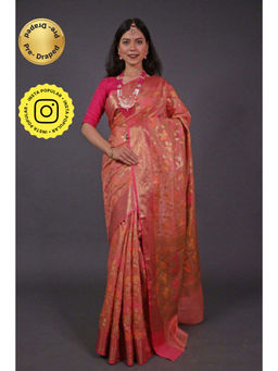 Isadora Life - Womens Woven Zari Peach Pre-Draped Saree with Unstitched Blouse
