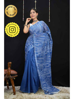 Isadora Life - Womens Printed Blue Pre-Draped Saree with Unstitched Blouse