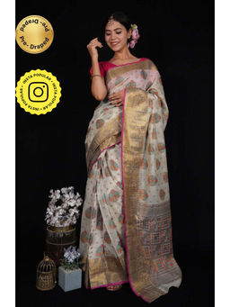 Isadora Life - Womens Woven Zari White Pre-Draped Saree with Unstitched Blouse