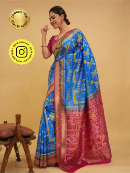 Isadora Life - Womens Printed Blue Pre-Draped Saree with Unstitched Blouse