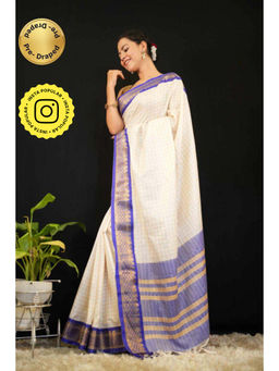 Isadora Life - Womens Checks Tassels Cream Pre-Draped Saree with Unstitched Blouse