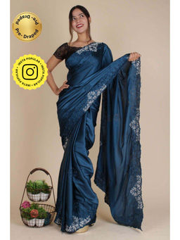 Isadora Life - Womens Sequined Embroidered Blue Pre-Draped Saree with Unstitched Blouse