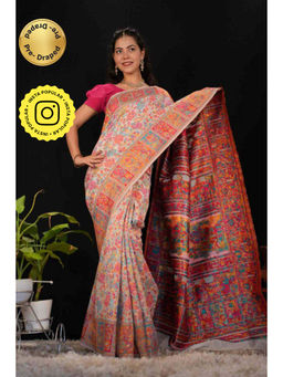 Isadora Life - Womens Floral Printed Multi-Color Pre-Draped Saree with Unstitched Blouse