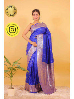 Isadora Life - Womens Woven Zari Blue Pre-Draped Saree with Unstitched Blouse