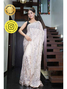 Isadora Life - Womens Sequined Embroidered Cream Pre-Draped Saree with Unstitched Blouse