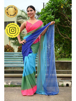 Isadora Life - Womens Colorblock Printed Multi-Color Pre-Draped Saree with Unstitched Blouse
