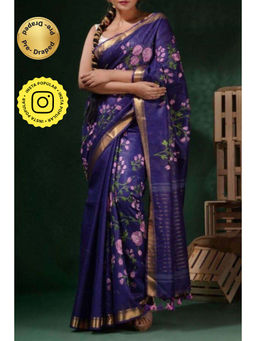 Isadora Life - Womens Floral Tassels Blue Pre-Draped Saree with Unstitched Blouse