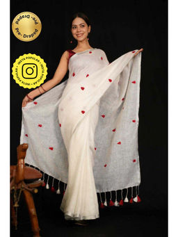 Isadora Life - Womens Embroidered Tassels White Pre-Draped Saree with Unstitched Blouse