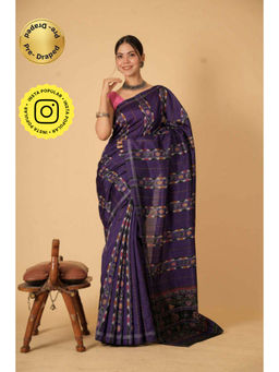 Isadora Life - Womens Printed Purple Pre-Draped Saree with Unstitched Blouse