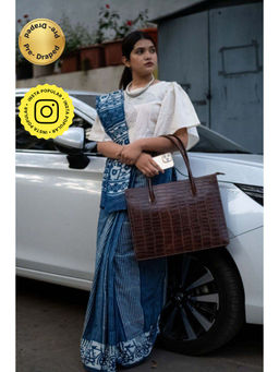 Isadora Life - Womens Hand Block Printed Blue Pre-Draped Saree with Unstitched Blouse