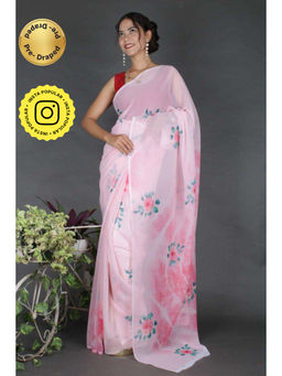 Isadora Life - Womens Floral Printed Pink Pre-Draped Saree with Unstitched Blouse