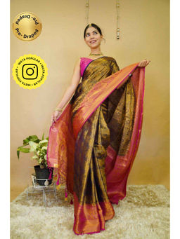 Isadora Life - Womens Woven Zari Green Pre-Draped Saree with Unstitched Blouse
