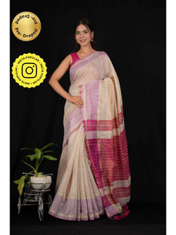 Isadora Life - Womens Woven Tassels Beige Pre-Draped Saree with Unstitched Blouse