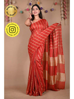 Isadora Life - Womens Striped Zari Red Pre-Draped Saree with Unstitched Blouse