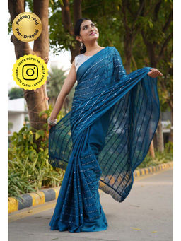 Isadora Life - Womens Mirror Work Sequined Teal Pre-Draped Saree with Unstitched Blouse