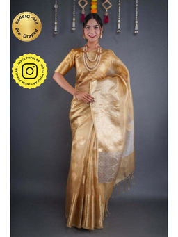 Isadora Life - Womens Woven Zari Gold Pre-Draped Saree with Unstitched Blouse