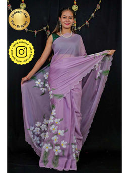 Isadora Life - Womens Floral Printed Lavender Pre-Draped Saree with Unstitched Blouse