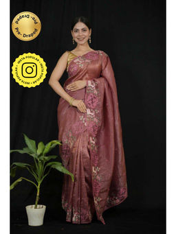 Isadora Life - Womens Floral Embroidered Brown Pre-Draped Saree with Unstitched Blouse