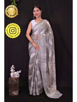 Isadora Life - Womens Printed Grey Pre-Draped Saree with Unstitched Blouse