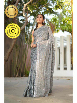 Isadora Life - Womens Sequined Embroidered Grey Pre-Draped Saree with Unstitched Blouse