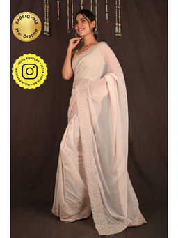 Isadora Life - Womens Sequined Embroidered Beige Pre-Draped Saree with Unstitched Blouse