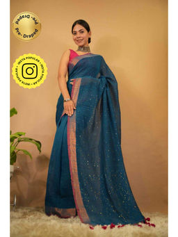 Isadora Life - Womens Tassels Sequined Blue Pre-Draped Saree with Unstitched Blouse