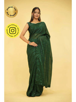 Isadora Life - Womens Sequined Green Pre-Draped Saree with Unstitched Blouse