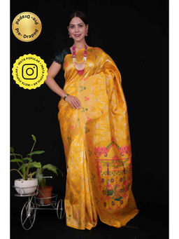 Isadora Life - Womens Woven Zari Yellow Pre-Draped Saree with Unstitched Blouse