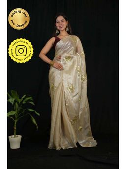 Isadora Life - Womens Sequined Ivory Pre-Draped Saree with Unstitched Blouse