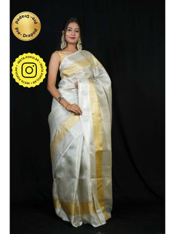 Isadora Life - Womens Woven Zari Off White Pre-Draped Saree with Unstitched Blouse