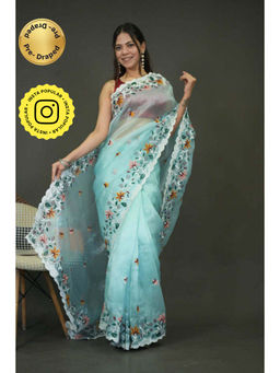 Isadora Life - Womens Floral Embroidered Blue Pre-Draped Saree with Unstitched Blouse