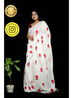 Isadora Life - Womens Printed Tassels White Pre-Draped Saree with Unstitched Blouse