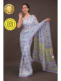 Isadora Life - Womens Floral Printed Lavender Pre-Draped Saree with Unstitched Blouse