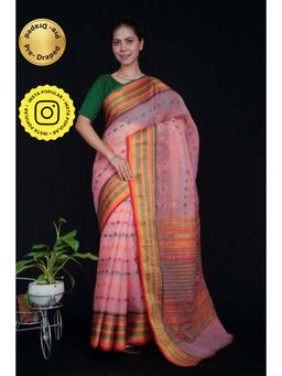Isadora Life - Womens Woven Zari Pink Pre-Draped Saree with Unstitched Blouse