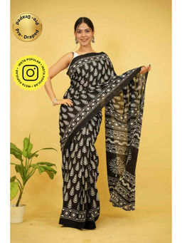 Isadora Life - Womens Printed Black Pre-Draped Saree with Unstitched Blouse
