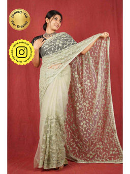 Isadora Life - Womens Sequined Embroidered Green Pre-Draped Saree with Unstitched Blouse
