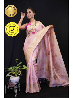Isadora Life - Womens Woven Zari Pink Pre-Draped Saree with Unstitched Blouse