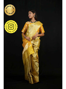 Isadora Life - Womens Woven Zari Yellow Pre-Draped Saree with Unstitched Blouse