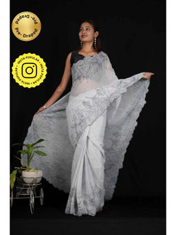 Isadora Life - Womens Embroidered Thread Work White Pre-Draped Saree with Unstitched Blouse