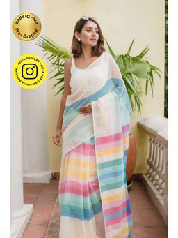 Isadora Life - Womens Stripes Printed Multi-Color Pre-Draped Saree with Unstitched Blouse