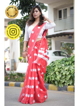 Isadora Life - Womens Polka Dots Printed Red Pre-Draped Saree with Unstitched Blouse