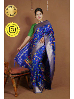 Isadora Life - Womens Floral Tassels Blue Pre-Draped Saree with Unstitched Blouse